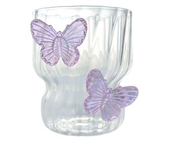 Steklen kozarec iz borosilikatnega stekla, valovite stene in vijolični metulji, 260 ml