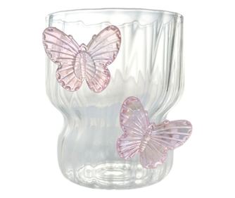 Boroszilikát üveg pohár, hullámos falú, rózsaszín pillangókkal, 260 ml, eCarla, SZK161