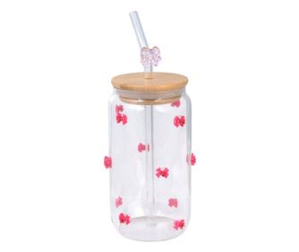 Steklen kozarec z bambusovim pokrovom, slamico in pentljami, 460 ml, eCarla, SZK135