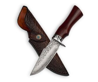 Ловен нож, IdeallStore®, фиксирано острие, кожена кания, дамаска стомана