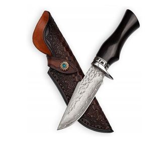 Ловен нож, IdeallStore®, фиксирано острие, кожена кания, дамаска стомана, черен