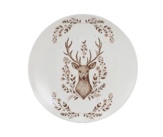 Set of 2 Christmas Reindeer Plates, Beige and Brown Porcelain, Ø 20x2 cm