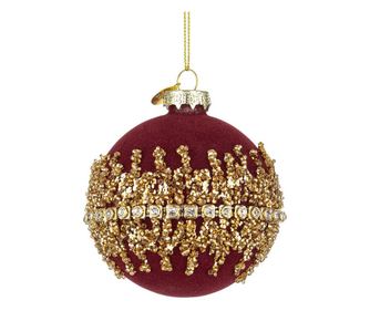 Set of 12 Christmas Tree Baubles, Glass, Red Velvet, Gold Glitter, Luxury Ø8 cm