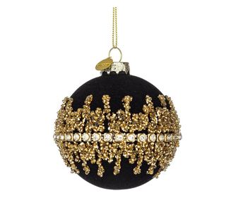 Set of 8 Christmas Tree Baubles, Black Velvet Glass with Gold Glitter, Luxury Ø 10 cm