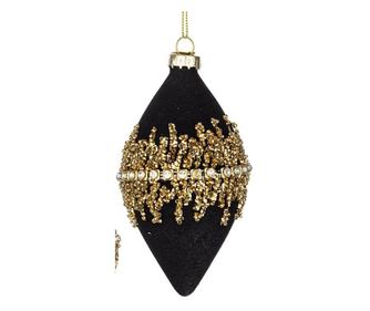 Set of 12 Christmas Tree Ornaments, Glass with Black Velvet and Gold Glitter, Luxury Style, 7.3x7.3x10.3h; 8.5x8.5x8h; 7x7x12.3h