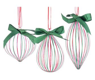 Set of 12 Christmas Tree Ornaments, Green and Pink Glass Stripe