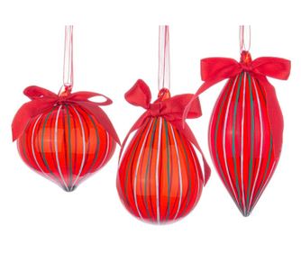Set of 12 Christmas Tree Ornaments, Glass, Green, Red, White Stripe 7x7x10.8h;7.9x7.9x8.3h; 6.2x6.2x13.5h