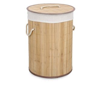 Nanda Bamboo Laundry Basket, Natural/White Fabric Ø35x50h