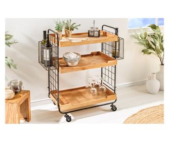 Servirni voziček, naraven, črn