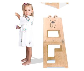 Montessori učící věž, design Medvěd, s kreslicí tabulí, pro děti od 12 měsíců, překližka/přírodní dřevo
