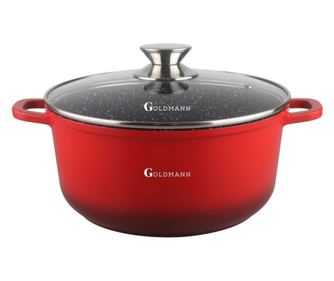 Тенджера Goldmann GM-7324R, 4.5 л, 24 см, Мраморно покритие, Стъклен капак с отвор за пара, Индукция, Червен