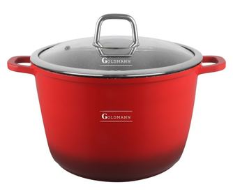 Дълбока тенджера Goldmann GM-0624R, 24 см, 6.2 л,Мраморно покритие, Стъклен капак с отвор за пара, Индукция, Червен