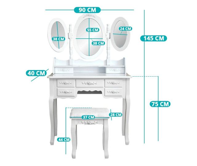Toaletní stolek s taburetkou, milano, bílý