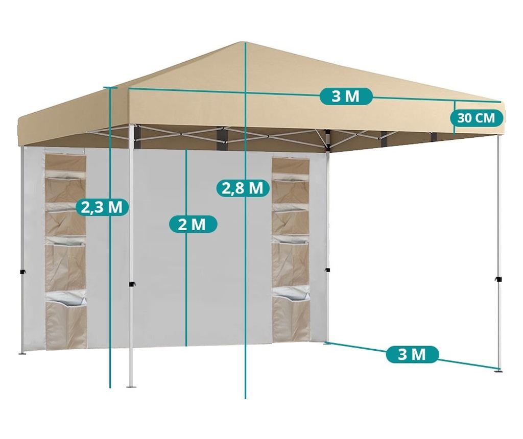 Pavilon hátfallal, zsebekkel 3x3x2,8 m, bézs - 5