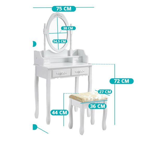 Toaletní stolek s taburetkou, rome, bílý