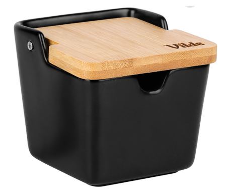 Keramička posuda za šećer s bambusovim poklopcem i žličicom, 250ml, 10x10x9cm, crna