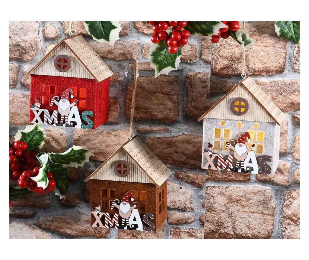 3 darabos, többszínű, fa karácsonyi házikó LED-del, 10,5 x 7,5 x 12 cm magas - 3