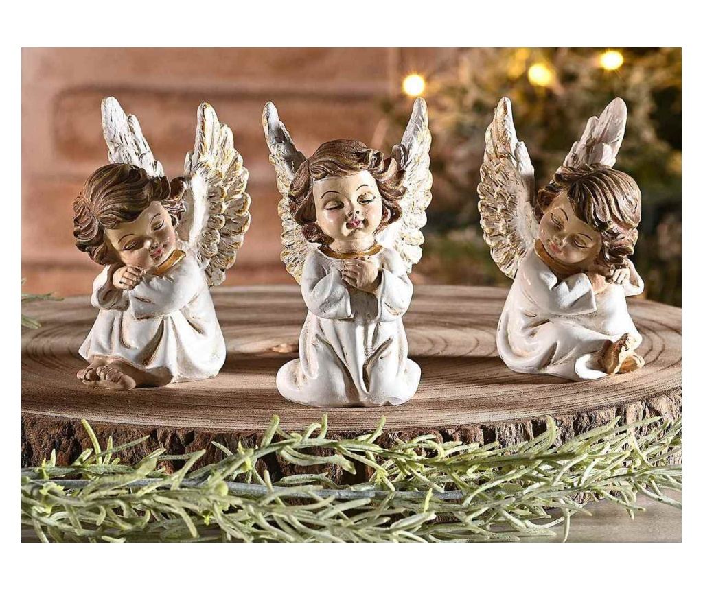 3 darabos angyal figura szett, polirezin, fehér és barna, 4 x 4 x 7,5 cm magas - 2