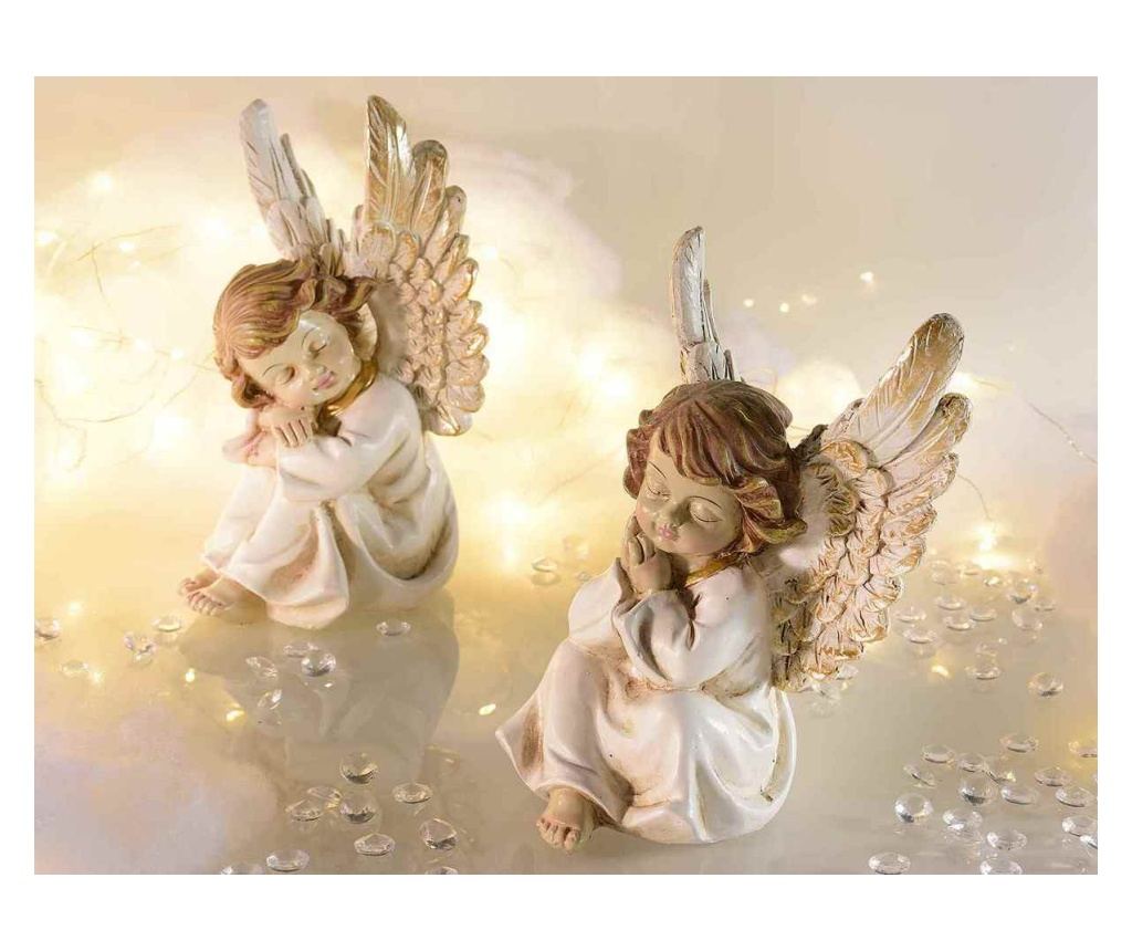 2 darabos angyal figura szett, polirezin, fehér és barna, 16 cm magas - 2