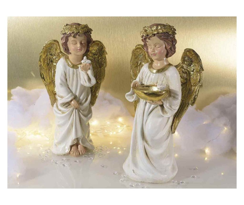 2 darabos fehér és arany színű műgyanta angyal szett, 16 x 13 x 31 cm magas - 2
