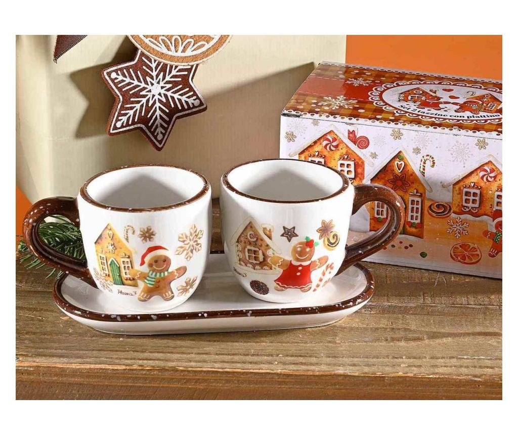2 darabos, többszínű kerámia mézeskalács bögre szett tálcával Ø 6,5 cm x 6 H, 16,5 x 8 cm - 2