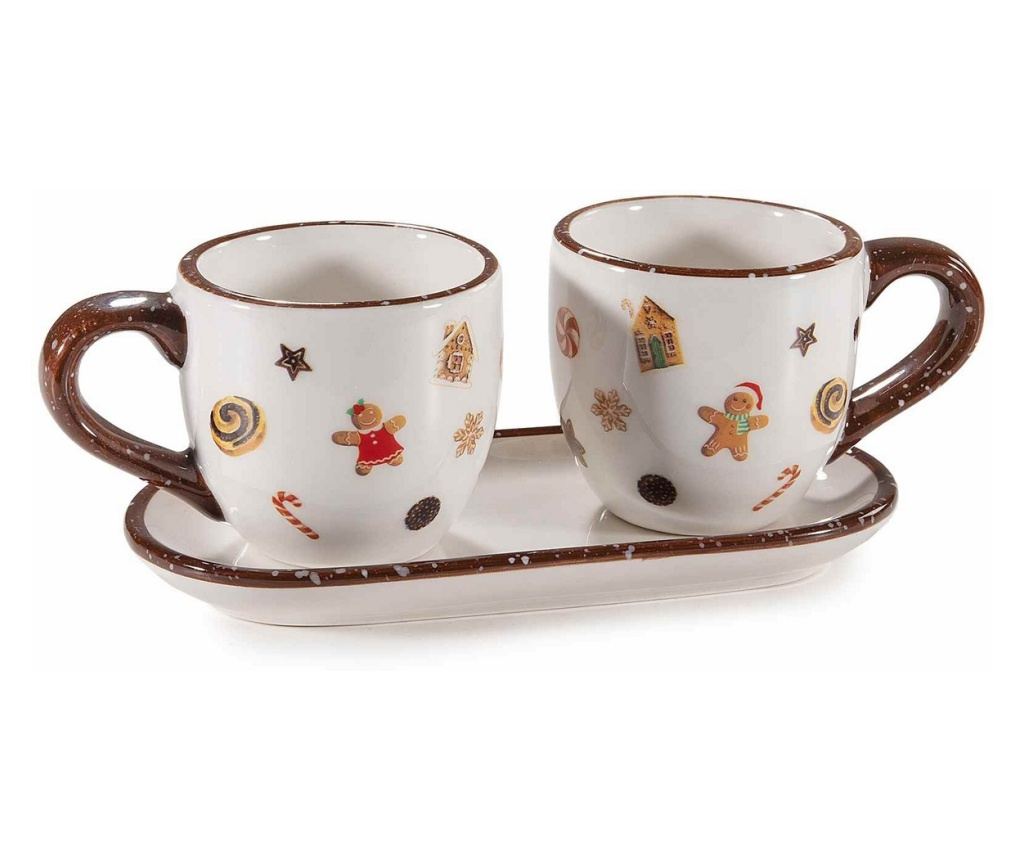 2 darabos, többszínű kerámia mézeskalács bögre szett tálcával Ø 6,5 cm x 6 H, 16,5 x 8 cm - 3