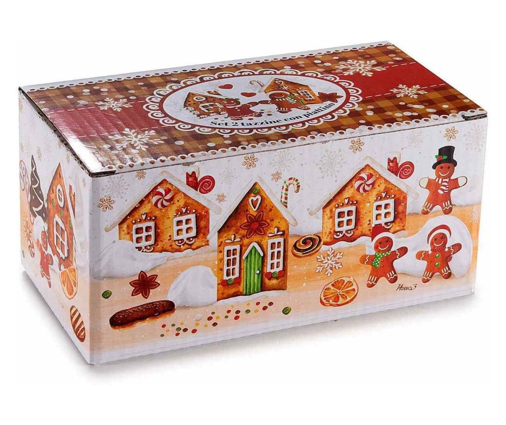 2 darabos, többszínű kerámia mézeskalács bögre szett tálcával Ø 6,5 cm x 6 H, 16,5 x 8 cm - 4