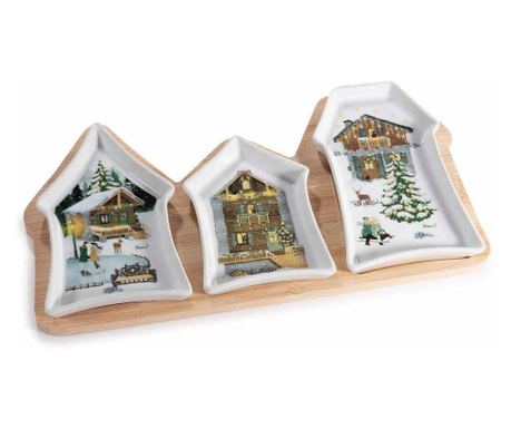 Vianočný tanier, drevo a viacfarebná keramika, 33 x 17,5 x 3 cm
