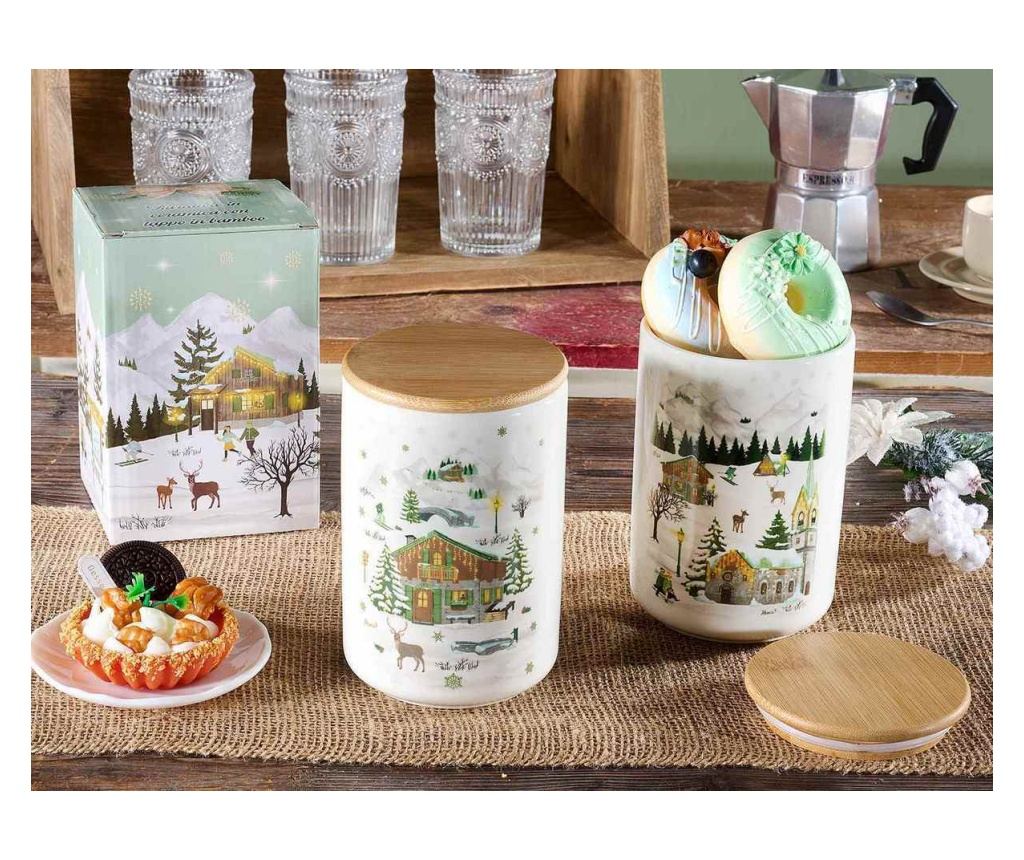 2 darabos karácsonyi üveg szett, fa és többszínű kerámia, Ø 10 cm x 15,5 H - 3