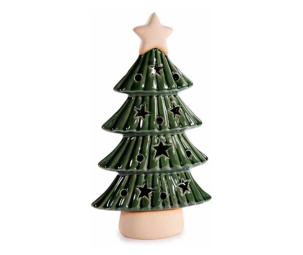 2 darabos barna és zöld kerámia karácsonyfa LED-ekkel, 13,5 x 6 x 23 cm magas - 2