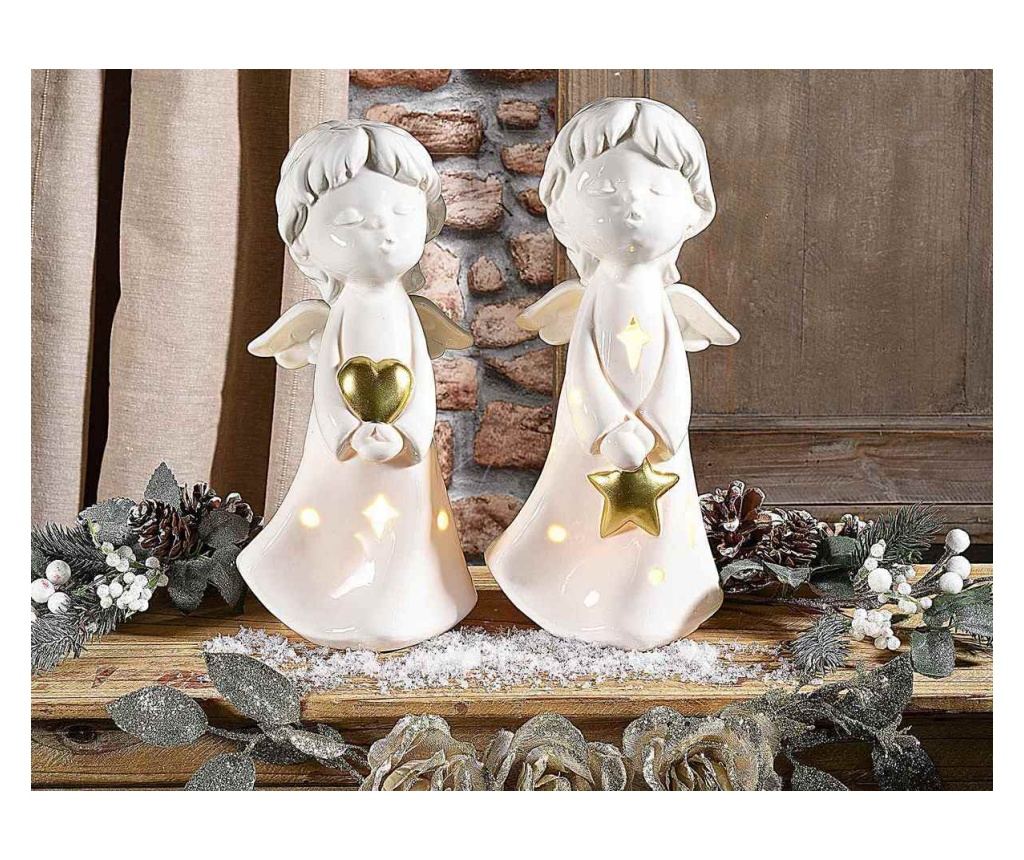 2 darabos, fehér és arany színű, LED-es porcelán angyal figura szett, 24 cm magas - 3