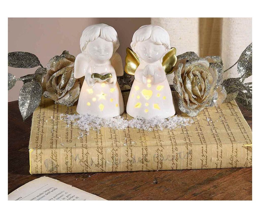 2 darabos, fehér és arany színű, LED-es porcelán angyal figura szett, 5,5 x 5 x 10 cm magas - 3