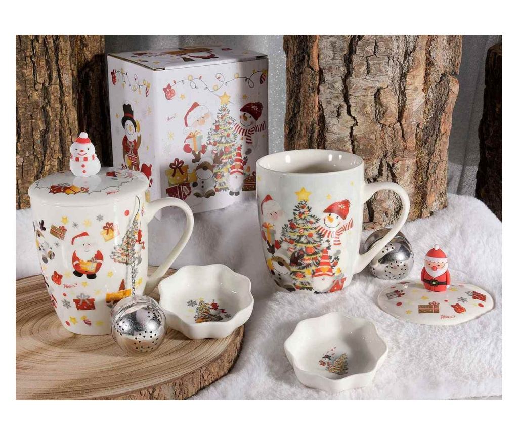 4 darabos karácsonyi porcelán bögre szett teás szűrővel és alátéttel, Multicolor Ø 8,5 cm x 10,5 H, 350 ml - 3