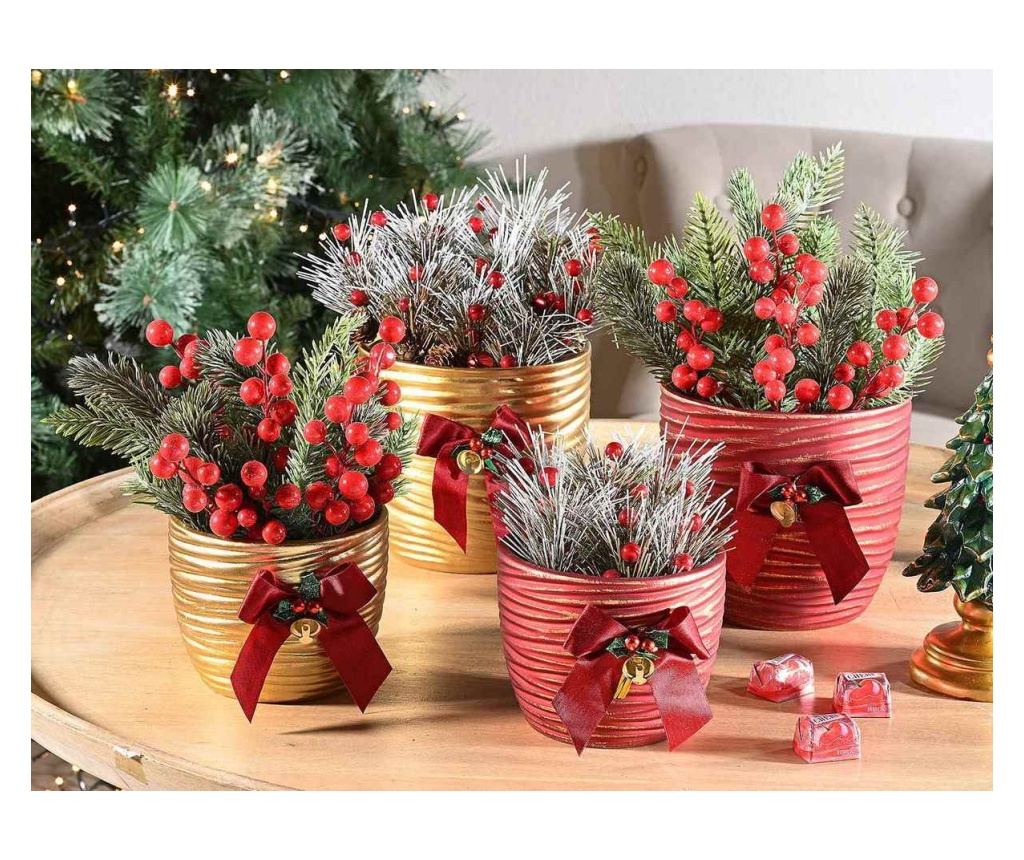 4 darabos karácsonyi kerámia kaspó szett, arany és piros, Ø 15 cm x 13,5 H, Ø 12 x 9,5 H - 2