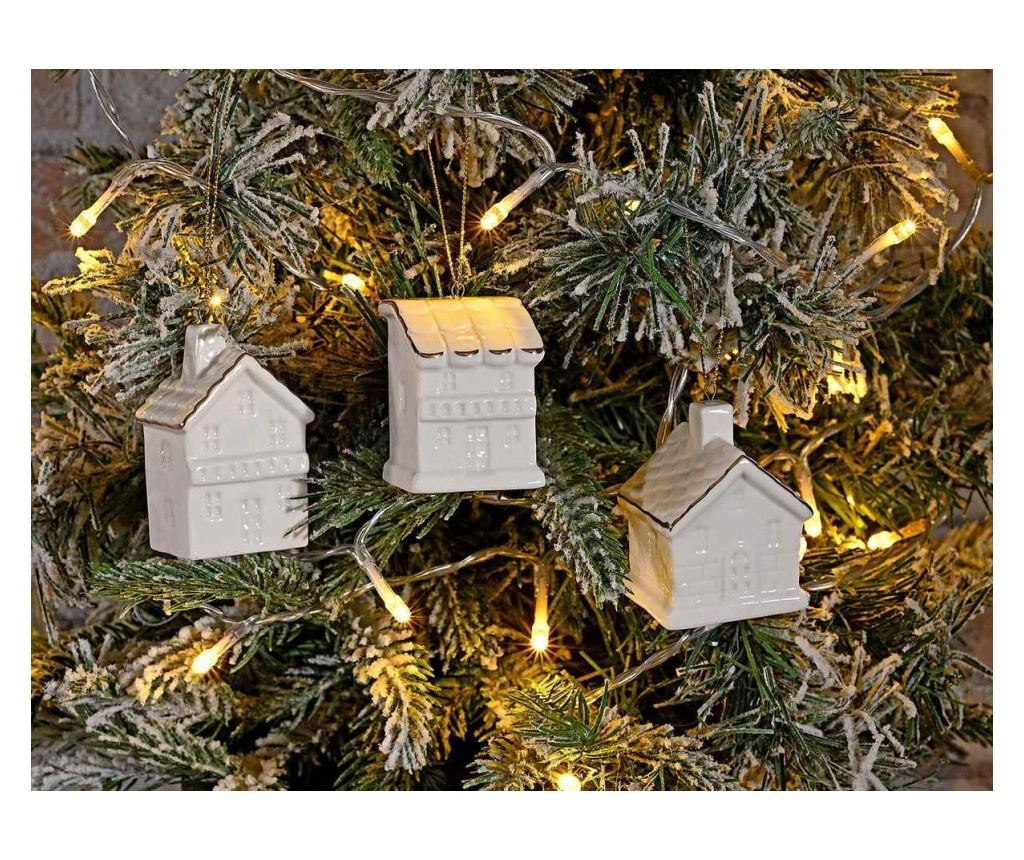 9 darabos karácsonyfadísz szett, fehér és arany porcelán házikók, 4,5 x 3,5 x 7 cm magas - 2