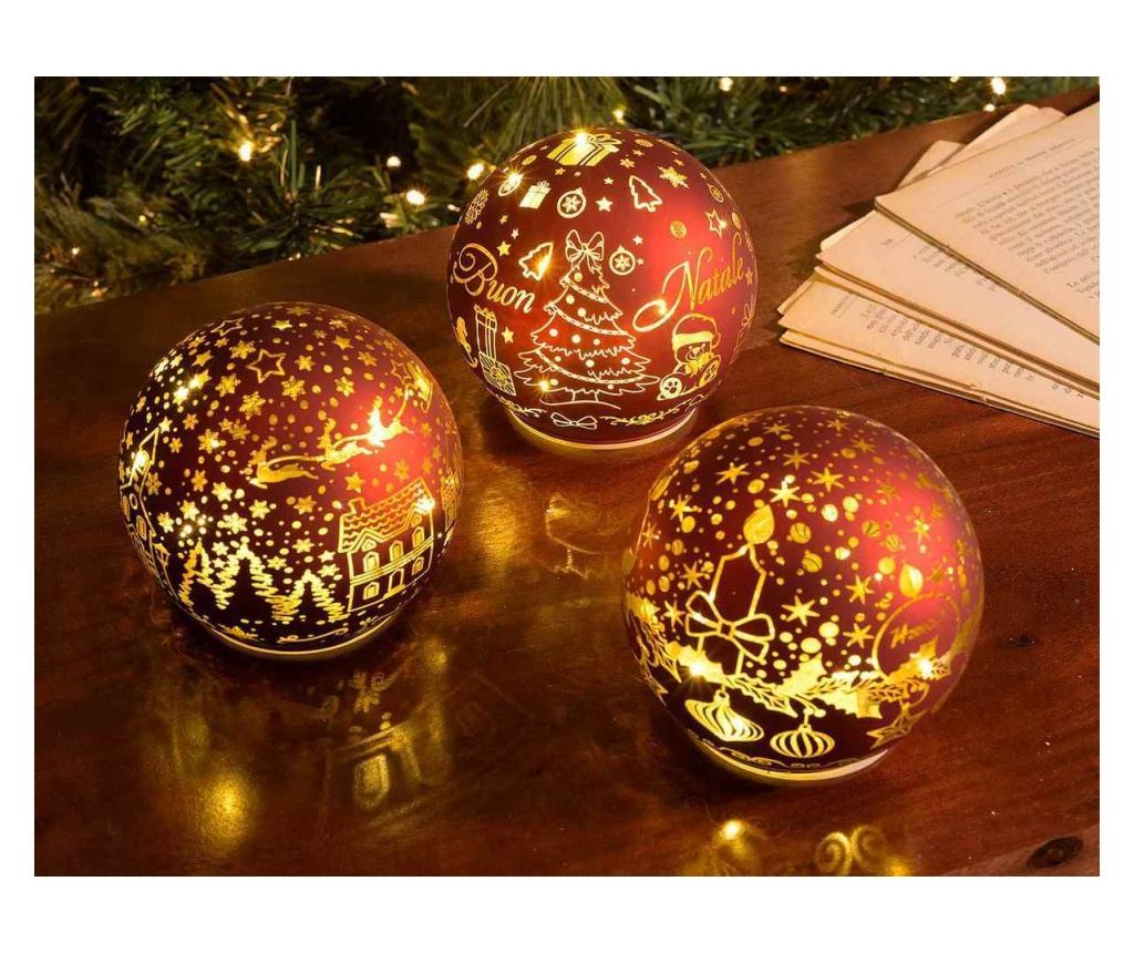 3 darabos karácsonyi díszgömb szett, piros és arany üveg LED-del - 3