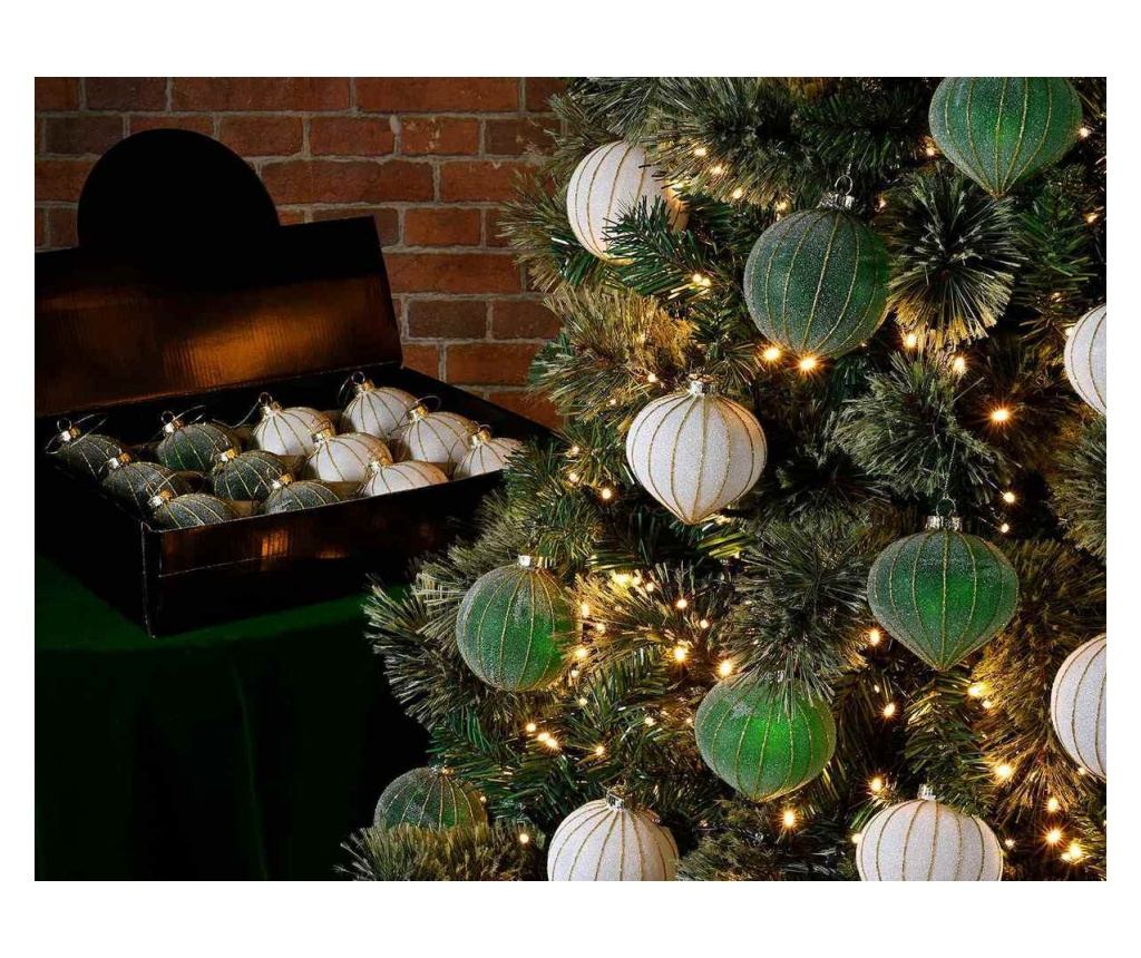 12 darabos fehér és zöld üveg karácsonyfa dísz szett Ø 8 cm - 3