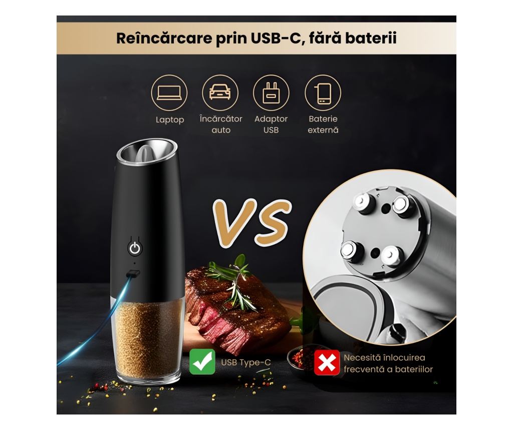 Rasnita electrica sare si piper, Brivoo®, reglare grosime macinare, LED, reincarcabila USB, baza magnetica, negru mat - 3