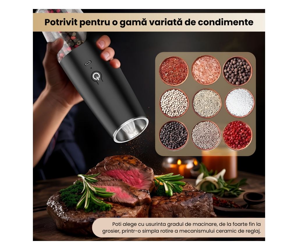 Rasnita electrica sare si piper, Brivoo®, reglare grosime macinare, LED, reincarcabila USB, baza magnetica, negru mat - 4