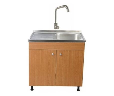 Set ormarića za umivaonik od hrasta 80 cm X 50 cm X 80 cm, umivaonik od nehrđajućeg čelika s desnim koritom, četvrtasta slavina