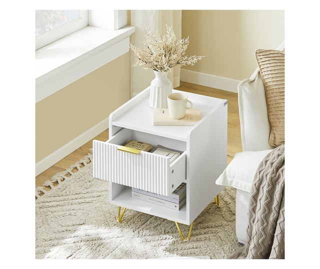 SoBuy Stolik nocny z szufladą i półką, nowoczesny do sypialni i salonu, biały, 40x40x51 cm, FBT169-W