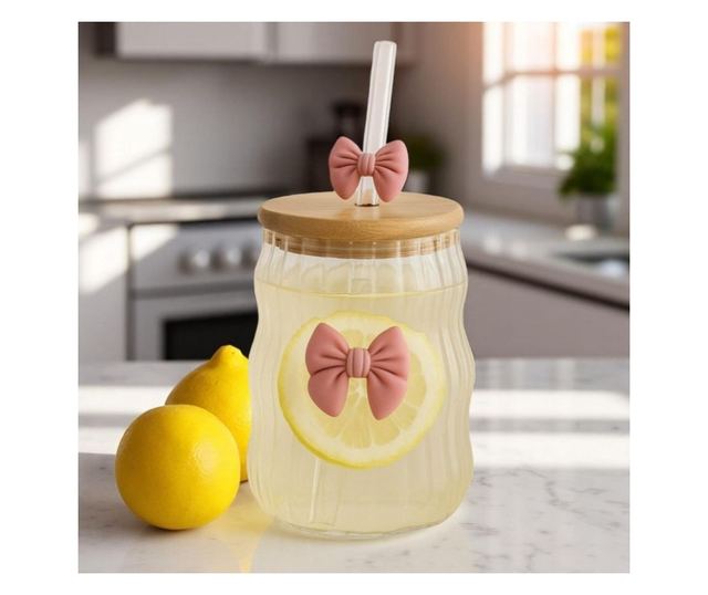 Steklen kozarec iz borosilikatnega stekla z bambusovim pokrovom in stekleno slamico, eCarla, 450 ml, valovit dizajn z rožnatim p