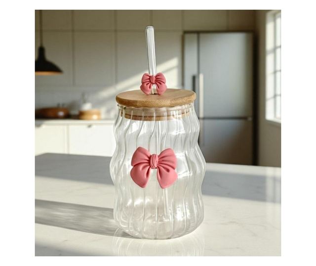 Steklen kozarec iz borosilikatnega stekla z bambusovim pokrovom in stekleno slamico, eCarla, 450 ml, valovit dizajn z rožnatim p