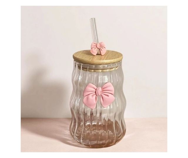 Steklen kozarec iz borosilikatnega stekla z bambusovim pokrovom in stekleno slamico, eCarla, 450 ml, valovit dizajn z rožnatim p