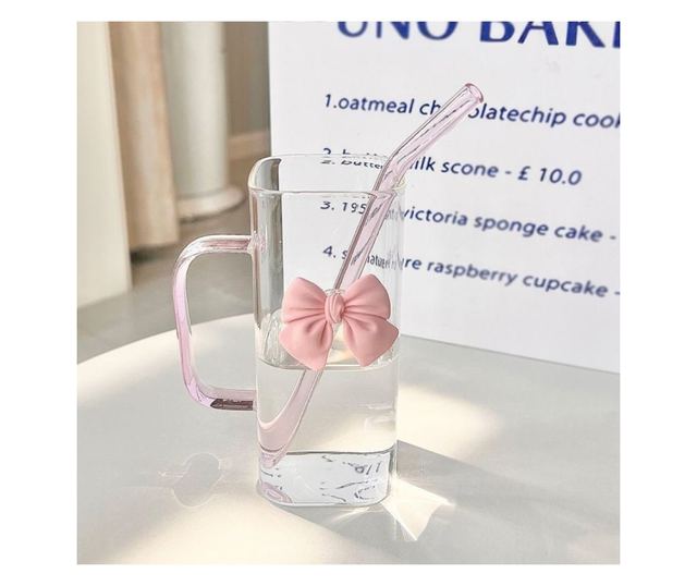 Pravokotni kozarec iz borosilikatnega stekla z roza pentljo, priloženo slamico in pokrovom, 320 ml, eCarla