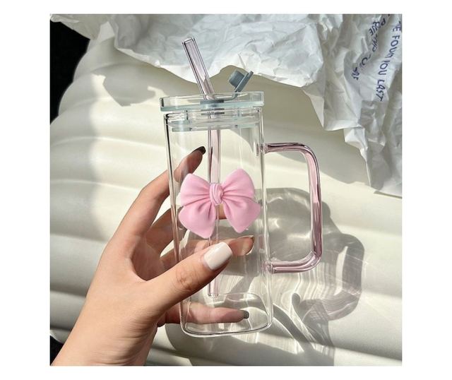 Pravokotni kozarec iz borosilikatnega stekla z roza pentljo, priloženo slamico in pokrovom, 320 ml, eCarla