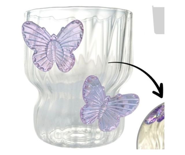 Steklen kozarec iz borosilikatnega stekla, valovite stene in vijolični metulji, 260 ml