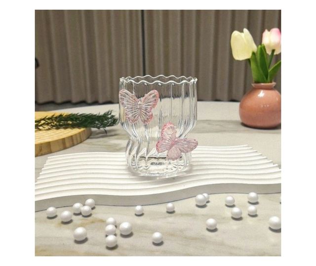 Steklen kozarec iz borosilikatnega stekla, valovite stene, roza metulji, 260 ml, eCarla, SZK161