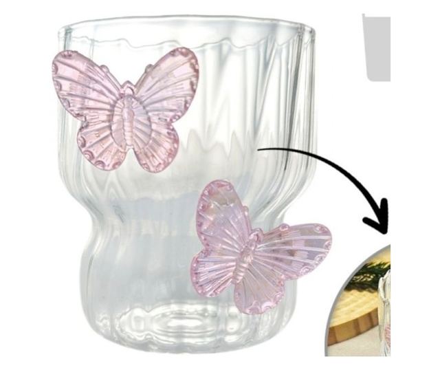 Steklen kozarec iz borosilikatnega stekla, valovite stene, roza metulji, 260 ml, eCarla, SZK161