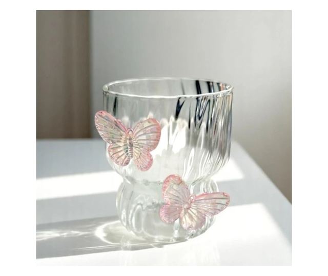 Steklen kozarec iz borosilikatnega stekla, valovite stene, roza metulji, 260 ml, eCarla, SZK161